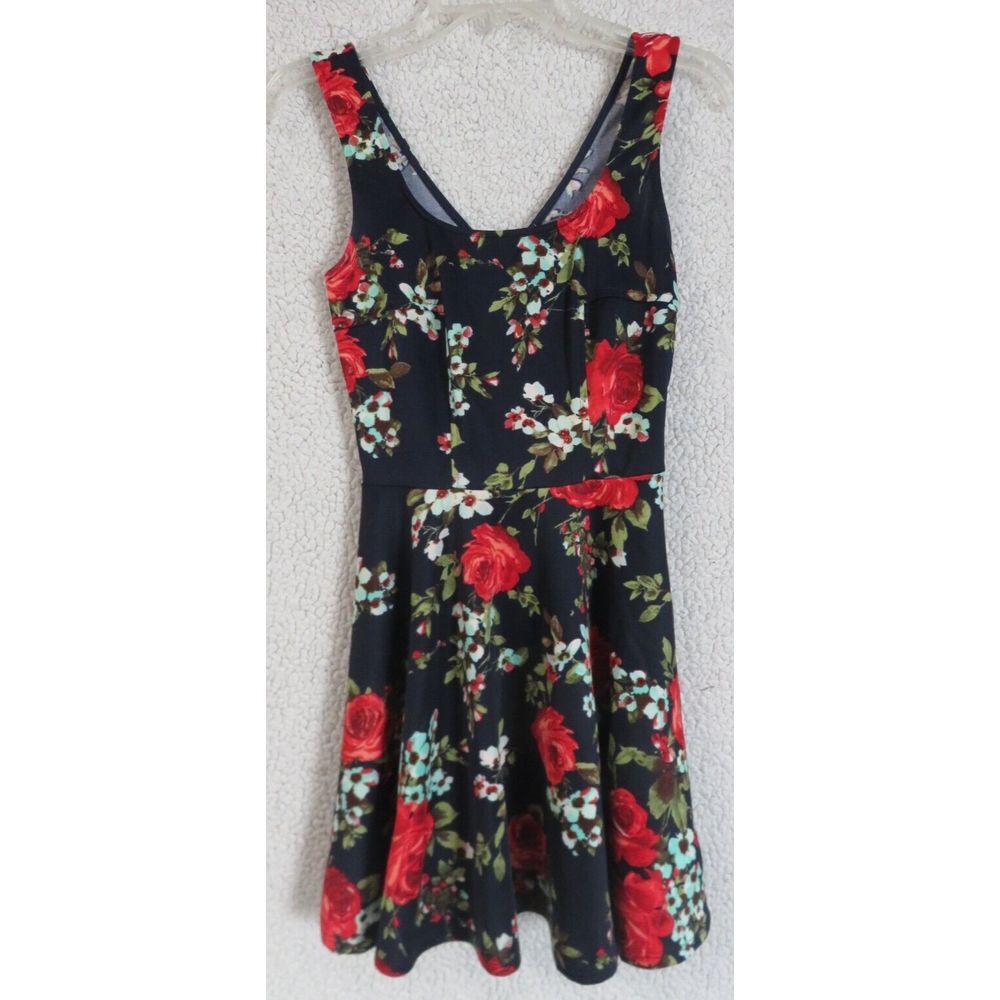 JuJu's‎ Black Red Womens Dress Size Small S Polyester Floral   32" Length